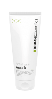 Weiße Tube der Rosacalm Cosmetics Anti-Stress-Maske auf einfarbigem Hintergrund