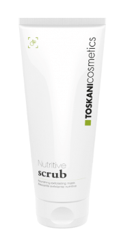 Weiße Tube von TOSKANICOSMETICS mit der Aufschrift „Nutrive Scrub“ und grünen Akzenten