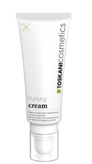 Weiße Tube der Toskani Cosmetics Purify Creme mit silbernem Deckel auf schlichtem Hintergrund
