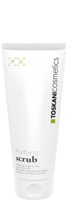 Weiße Flasche TOSANIC Cosmetica Peeling mit grauem Deckel auf weißem Hintergrund