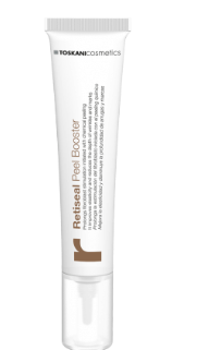 Weiße Tube mit der Aufschrift „Retinol Pore Booster“ von IOSKIN Cosmetics auf einfarbigem Hintergrund