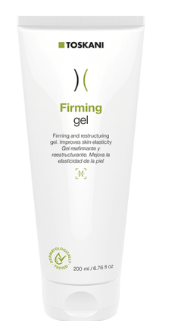 Weiße Tube Toskani Firming Gel mit grünem Text auf einfarbigem Hintergrund