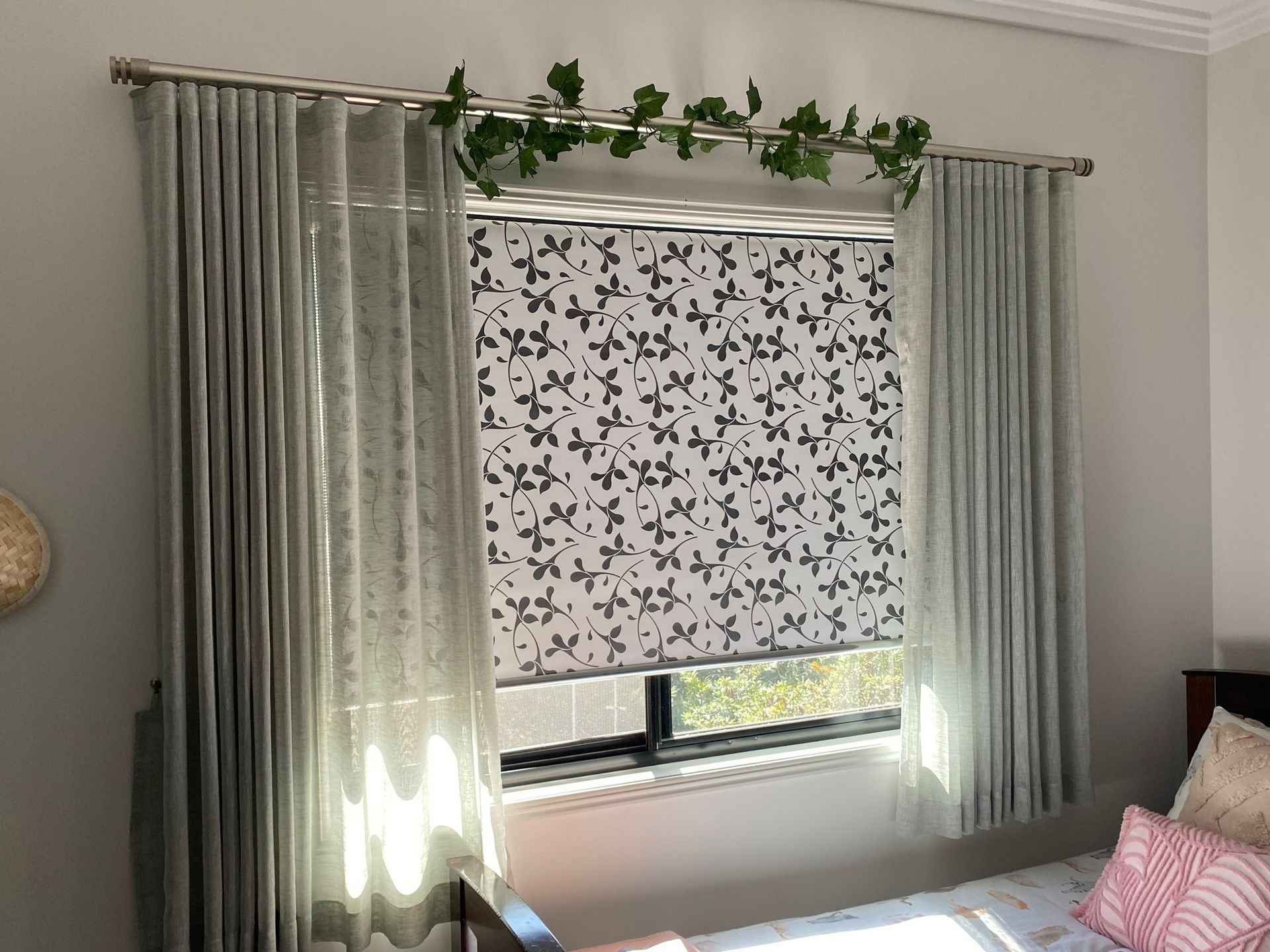 Window With Gray Curtains and a Floral Blind — Curtain Concepts in Dunbible, NSW 