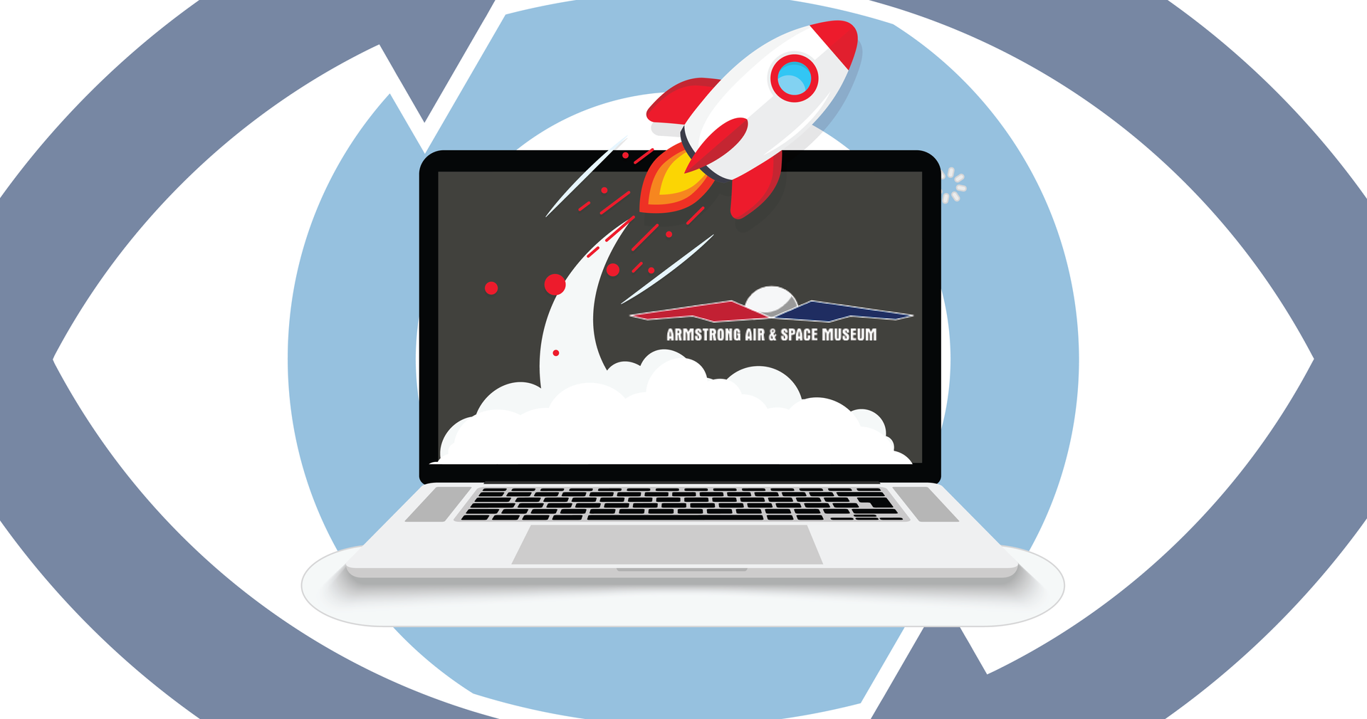 Laptop with a rocket launching from its screen, surrounded by an eye-shaped graphic.