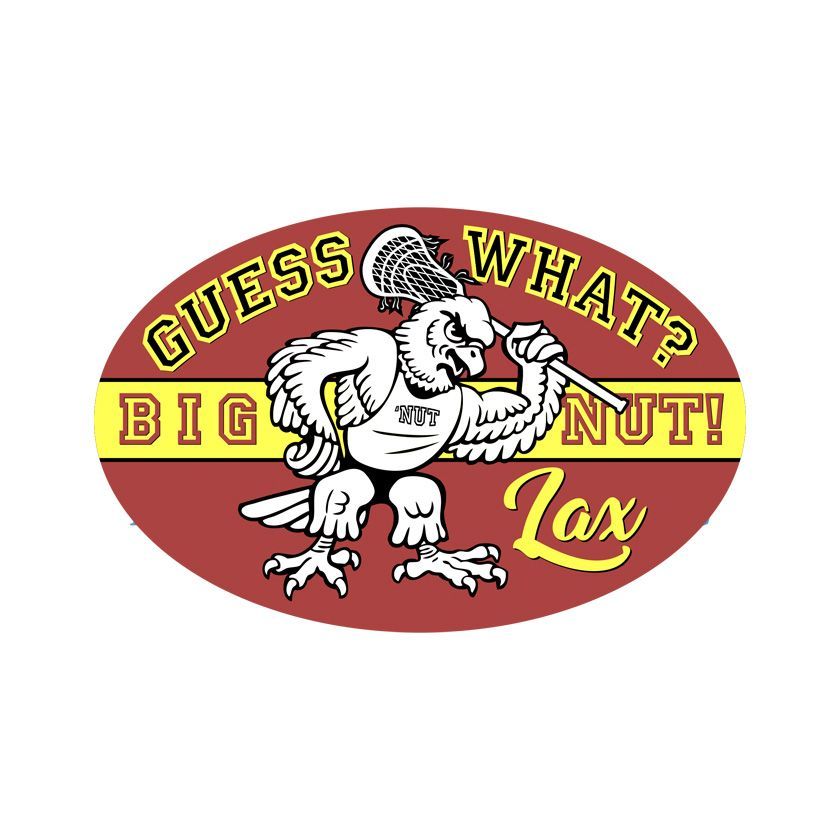 Mascot with lacrosse stick. Text reads: