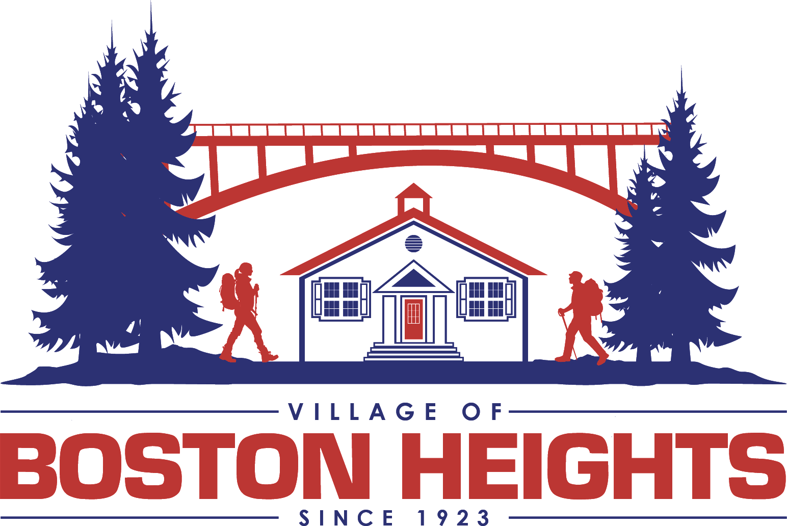 Logo for Boston Heights: Cabin, red bridge, hikers, blue trees. Village of Boston Heights. Since 1923.