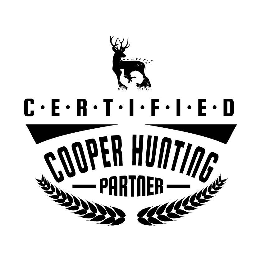 Black Cooper Hunting Partner logo with deer, birds, and text