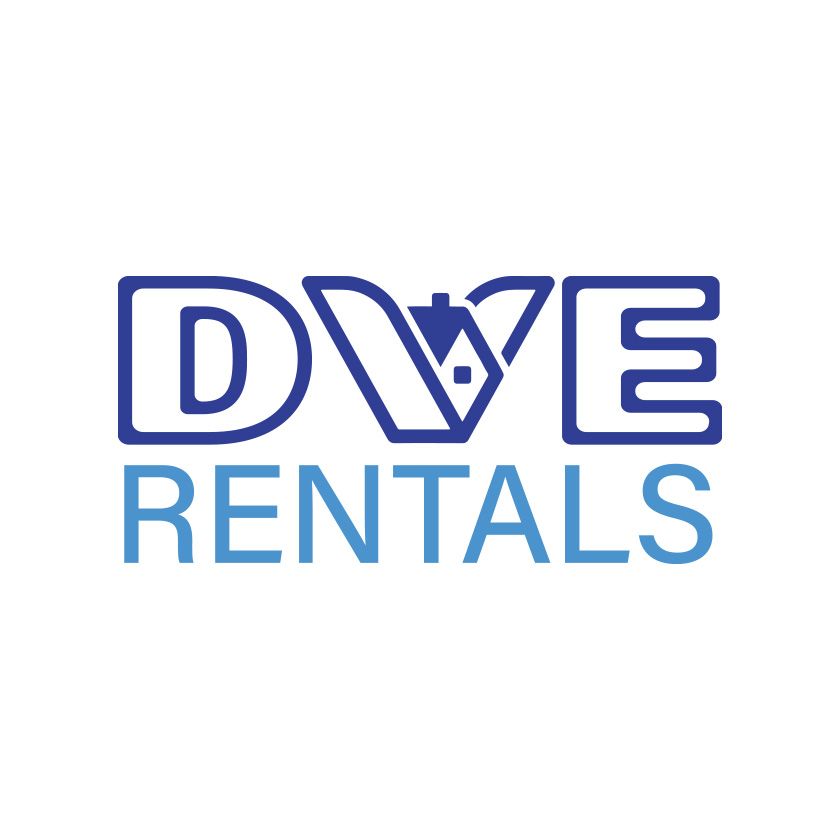 Logo for DVE Rentals, dark blue text with a stylized house graphic in the letter