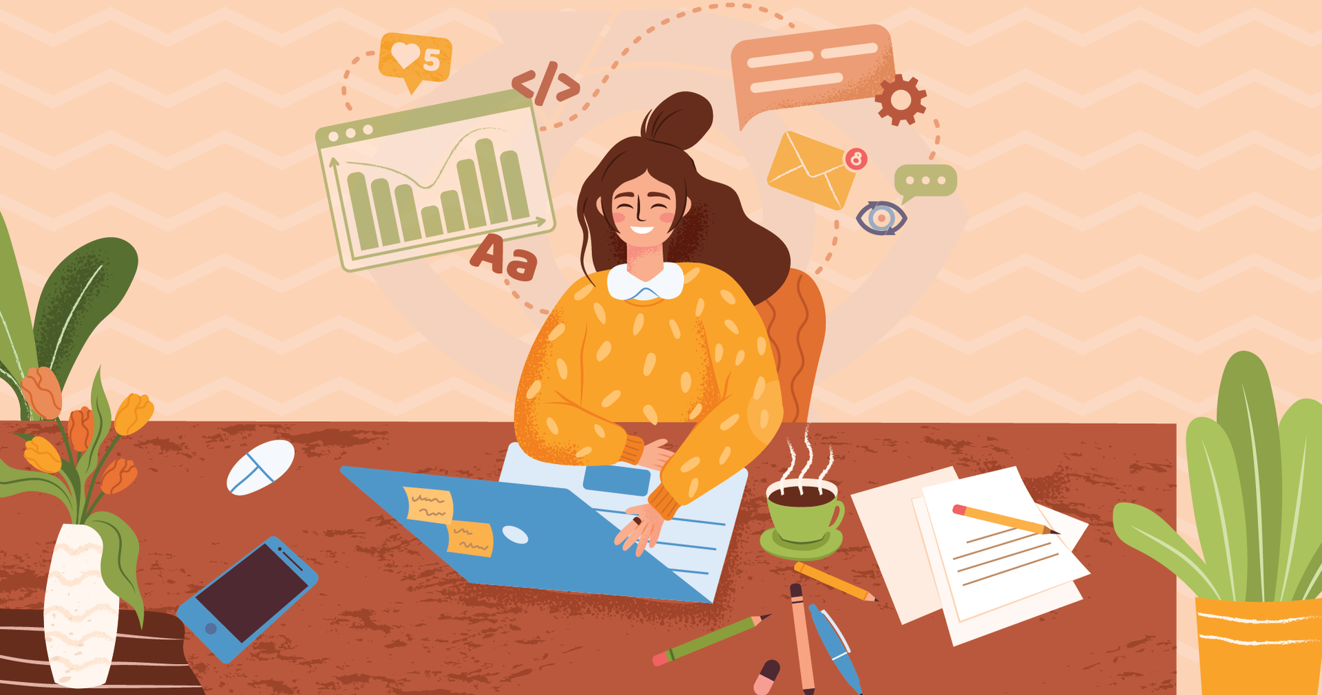 Woman working on a laptop at a desk with notes, coffee, and icons representing social media and code.