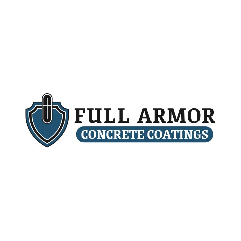 Logo of Full Armor Concrete Coatings: Shield with a staple, company name and tagline.
