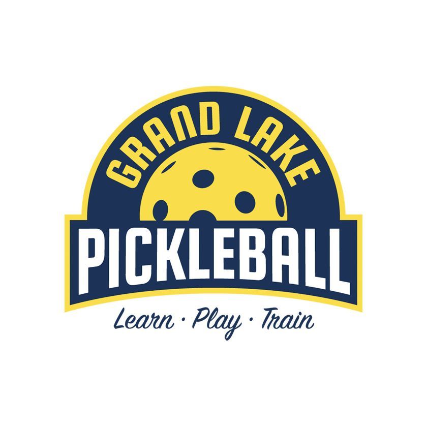 Grand Lake Pickleball logo: yellow pickleball, navy & yellow text on white background.