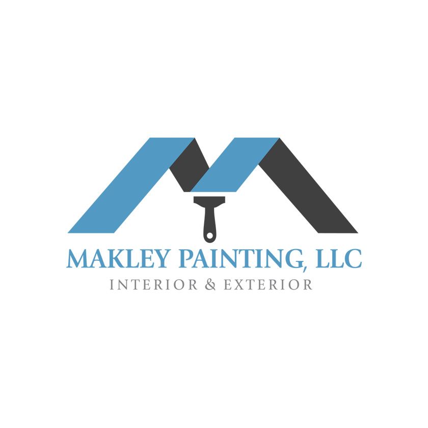 Logo for Makley Painting: blue and gray roof shape with paint brush.