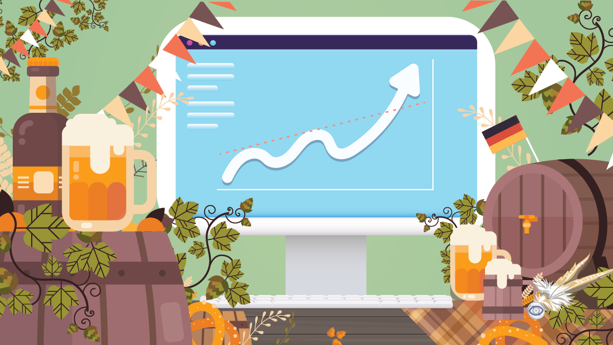 Computer screen with rising graph, beer barrels, mugs, and bunting, Oktoberfest theme.