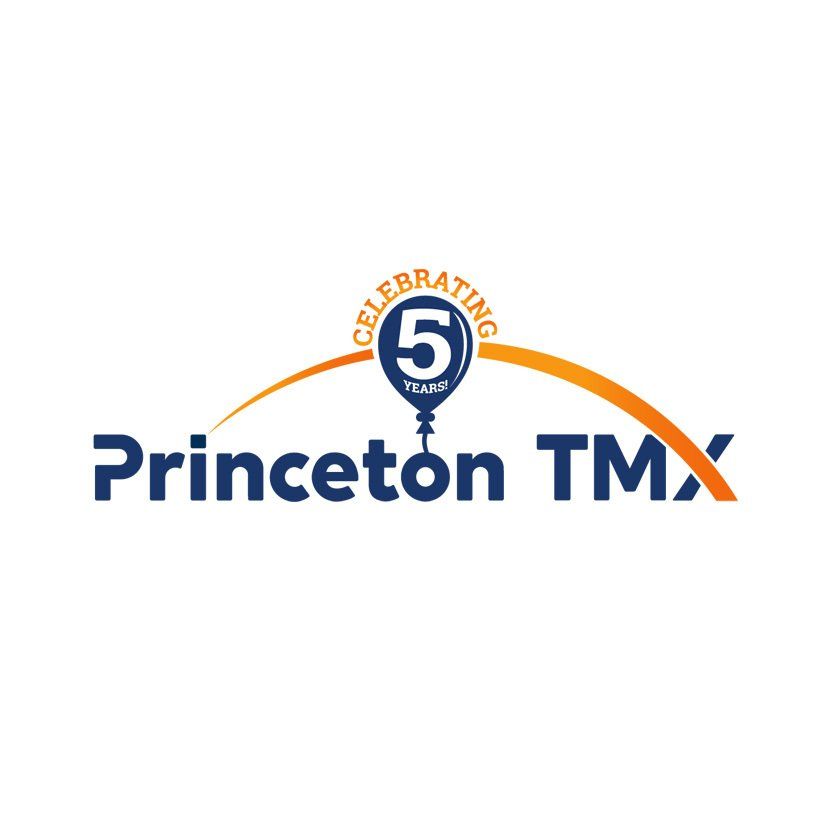 Princeton TMX logo celebrating 5 years; blue text, balloon with number 5, orange arch.