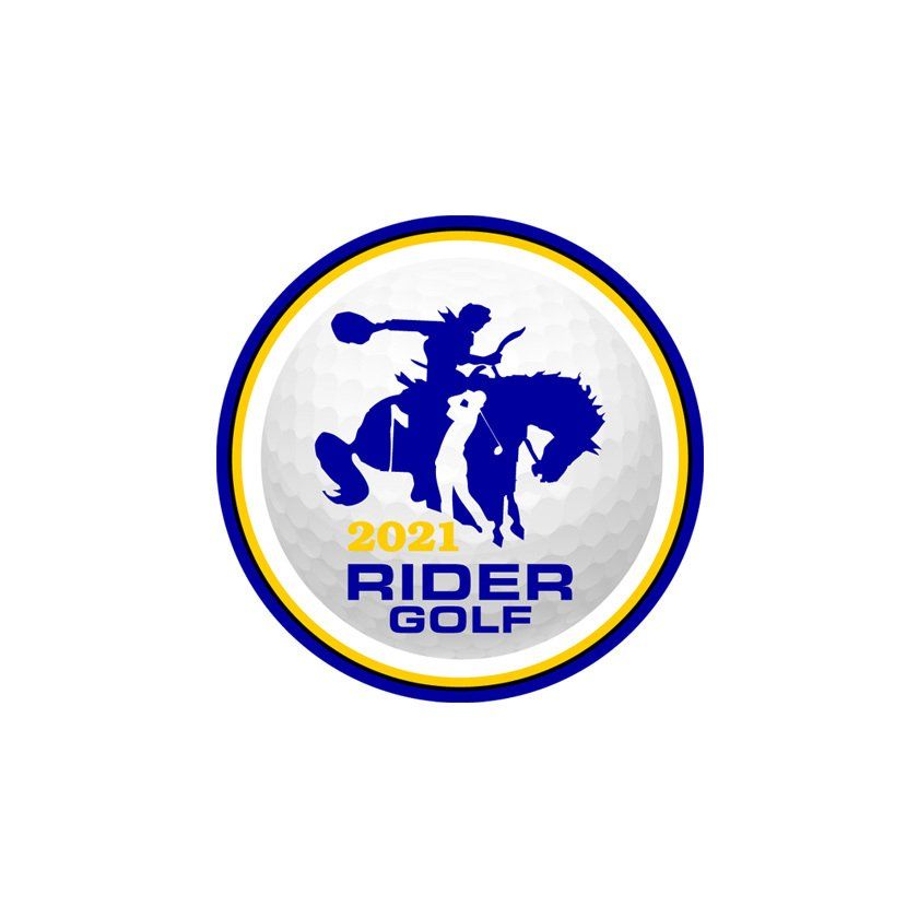 2021 Rider Golf logo: a cowboy on a horse in blue silhouette inside a golf ball graphic, with text.