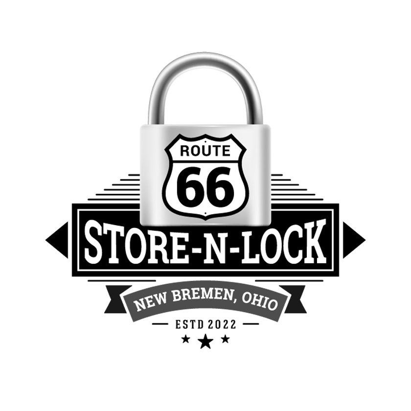 Logo for Store-N-Lock, New Bremen, Ohio, featuring a Route 66 emblem inside a padlock. Established 2022.