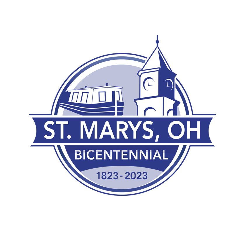 Logo for St. Marys, OH Bicentennial: boat and church tower in blue and white. 1823-2023.