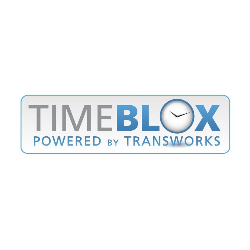 Timeblox logo: Blue and gray text with clock icon,