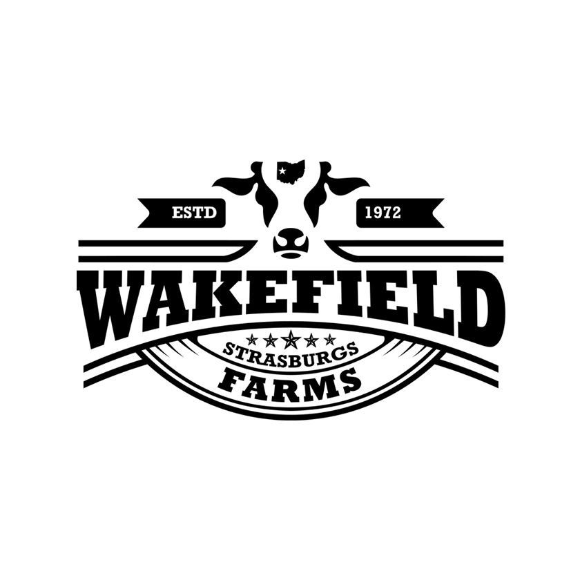 Wakefield Farms logo, black and white: cow head, banner