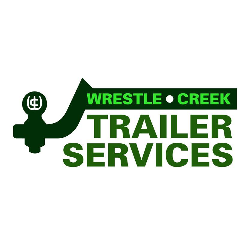Logo for Wrestle Creek Trailer Services: green hitch graphic, text
