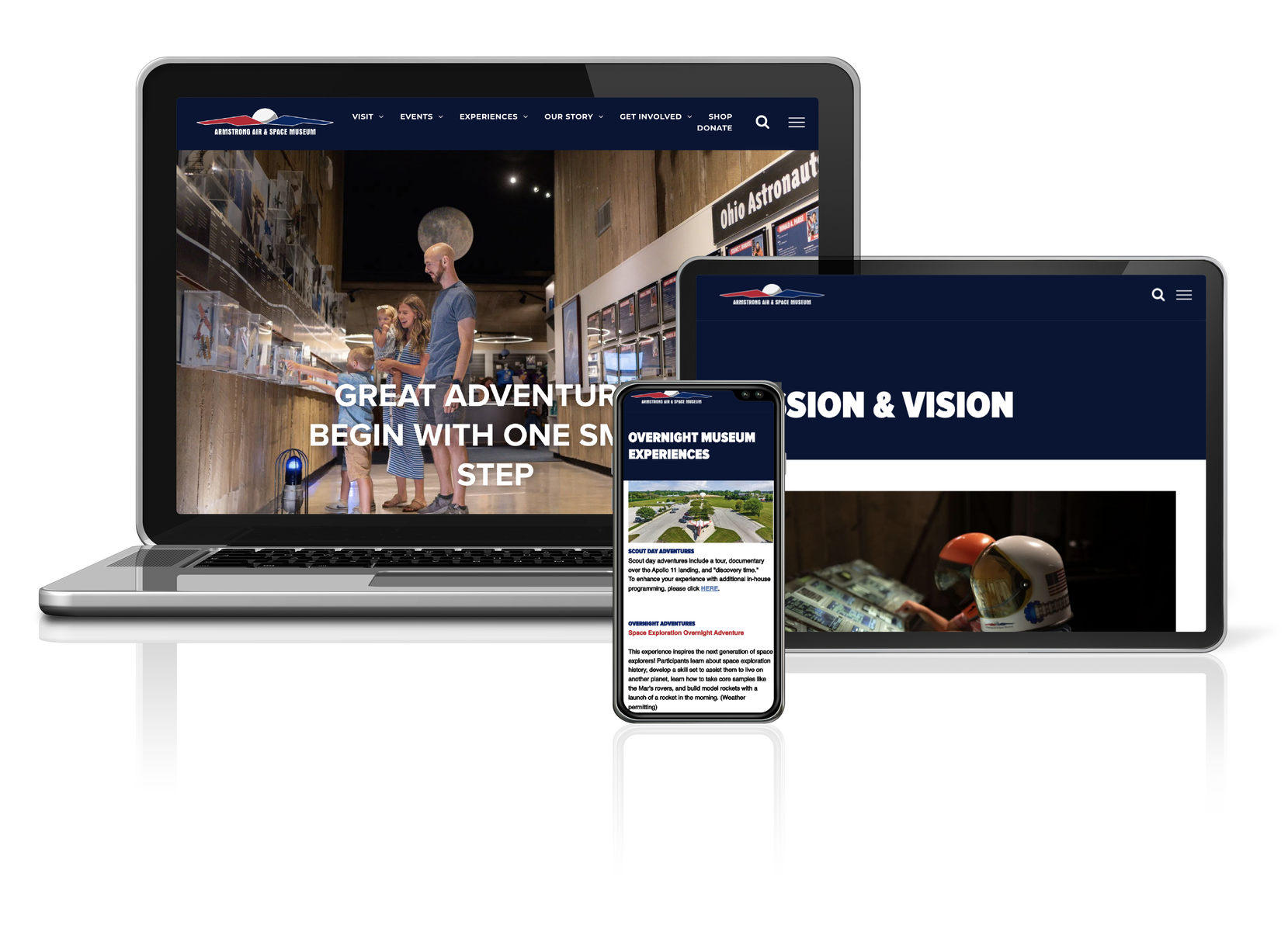 Website displayed on laptop, tablet, and smartphone screens.