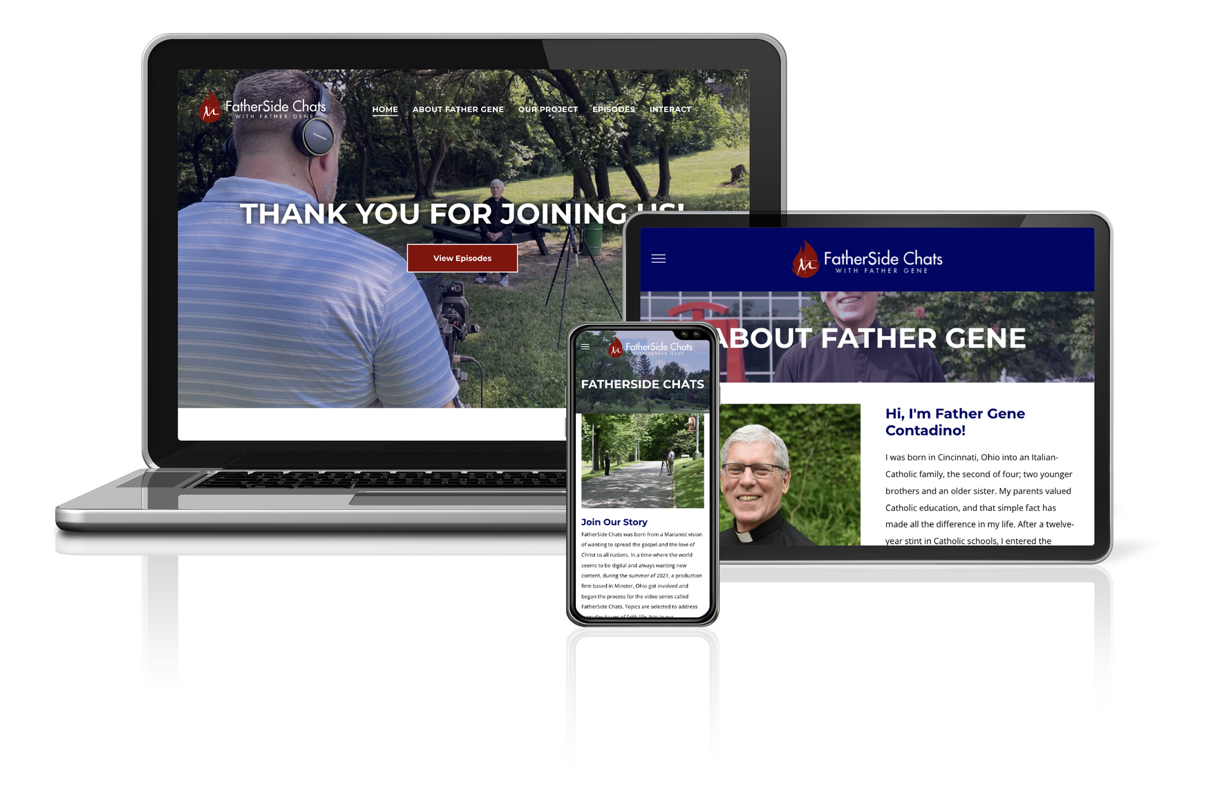 Website displayed on laptop, tablet, and smartphone screens; includes photos of a man and a web page with text.