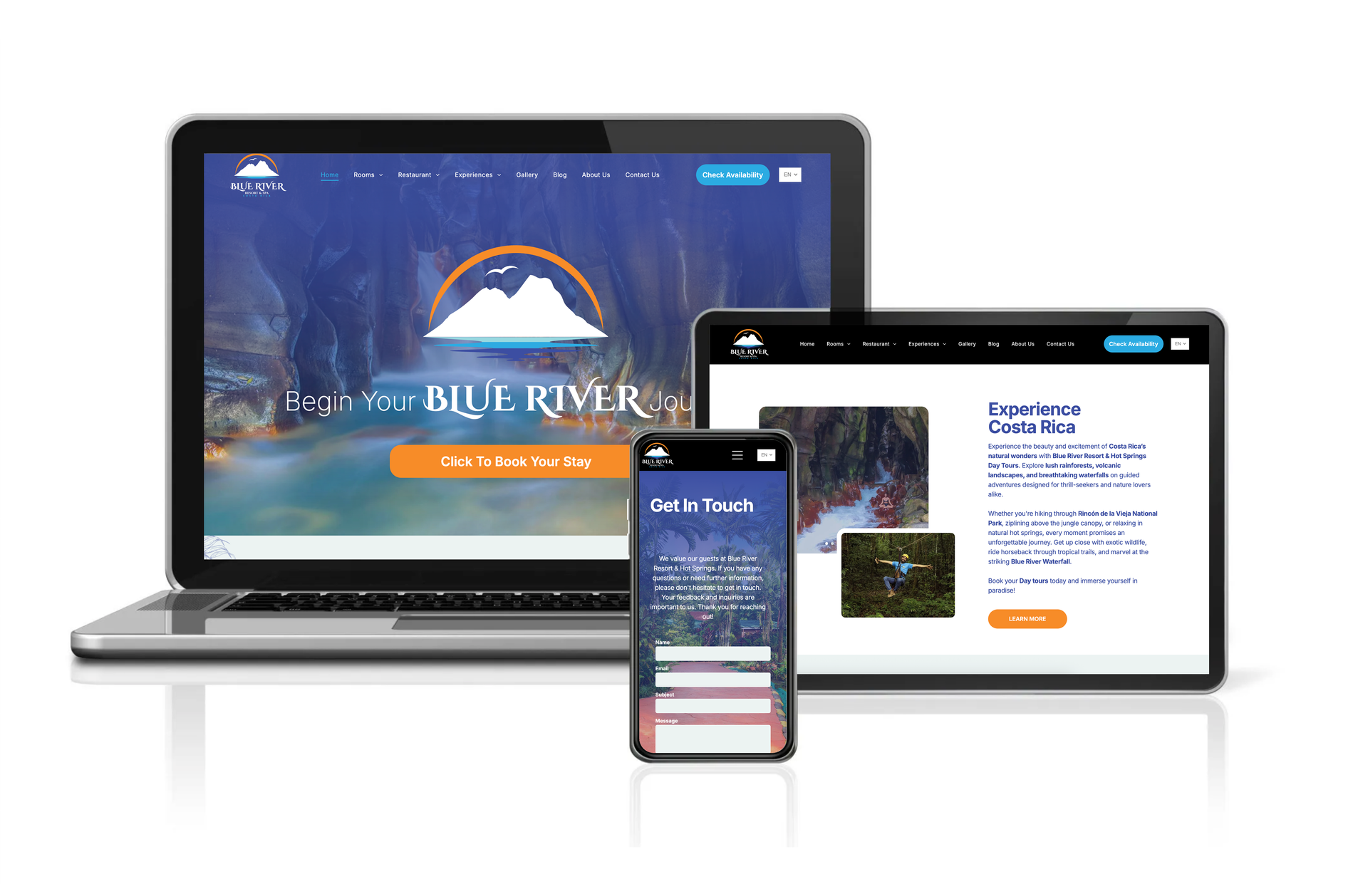 Laptop, tablet, and smartphone displaying a website on various devices.