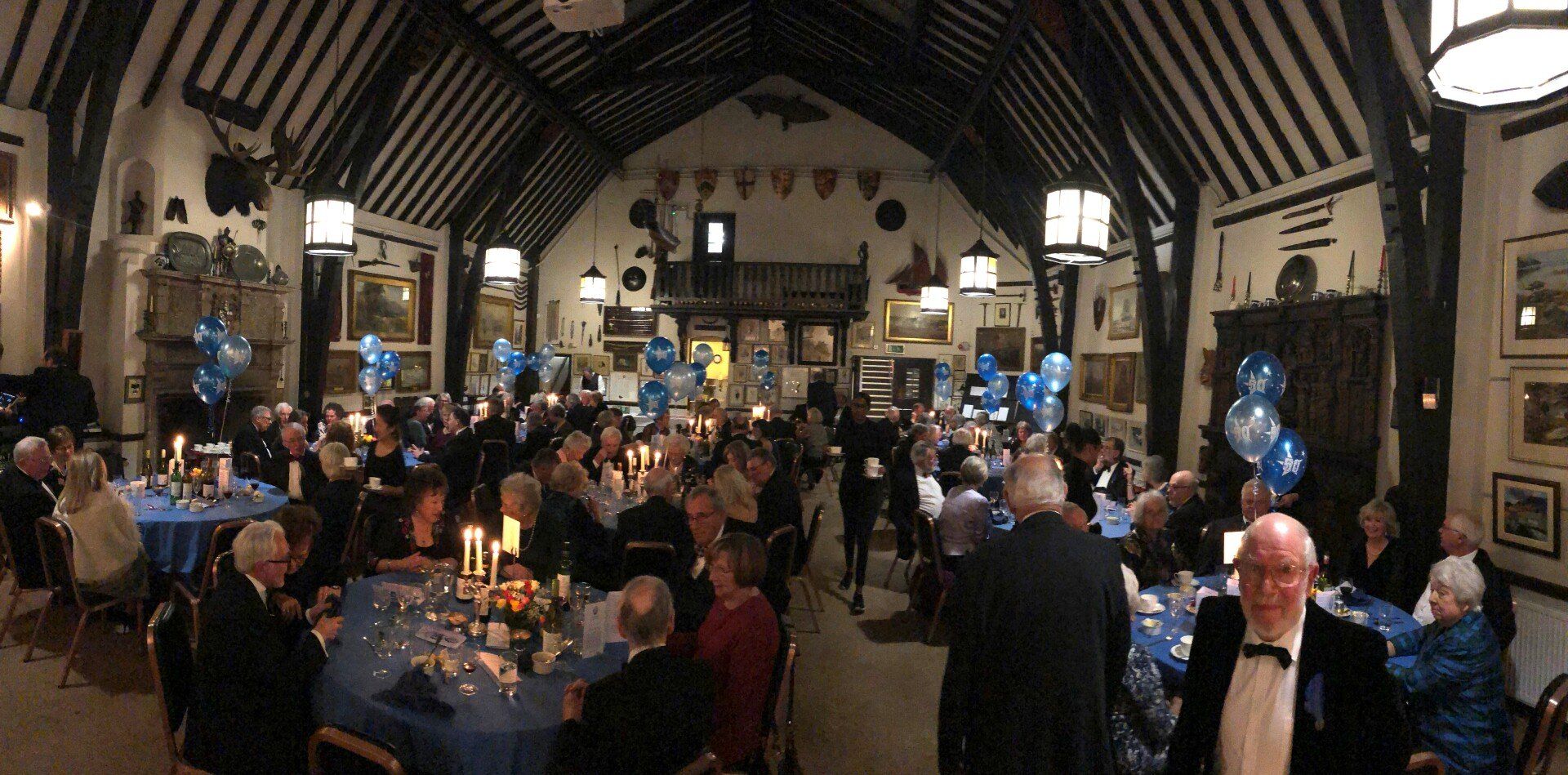 Image of the 50th Anniversary Blue Feather (Entertainers) Supper in February 2020 with, naturally, 50 BIG BLUE balloons!