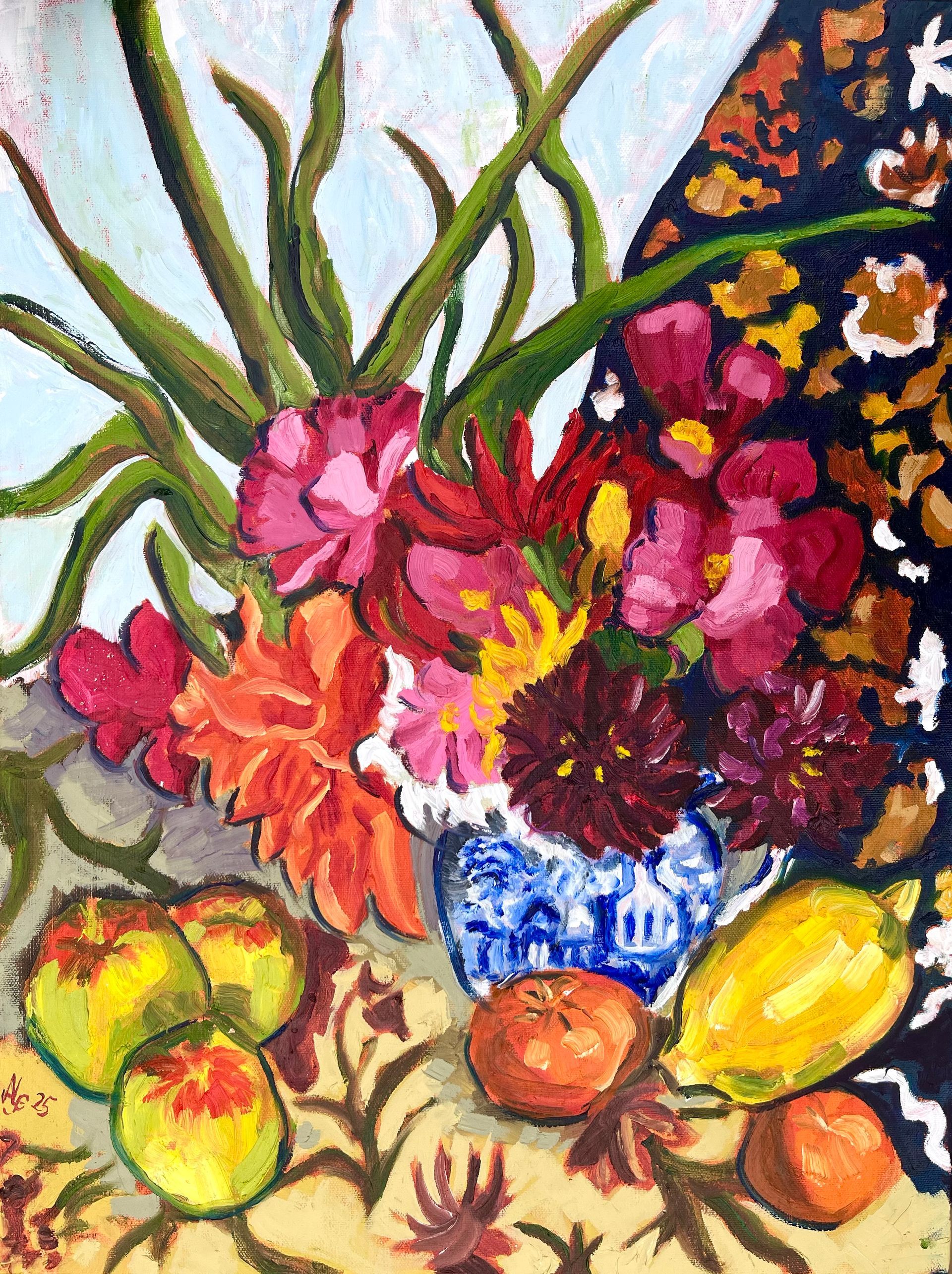 A painting by member Adrian Vye entitled: Dahlias