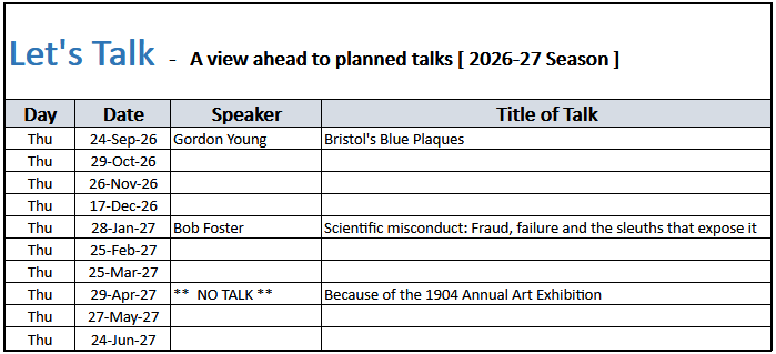Image of a table of planned talks at Bristol 1904 Arts to June, 2026