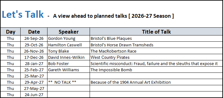 Image of a table of planned talks at Bristol 1904 Arts to June, 2026
