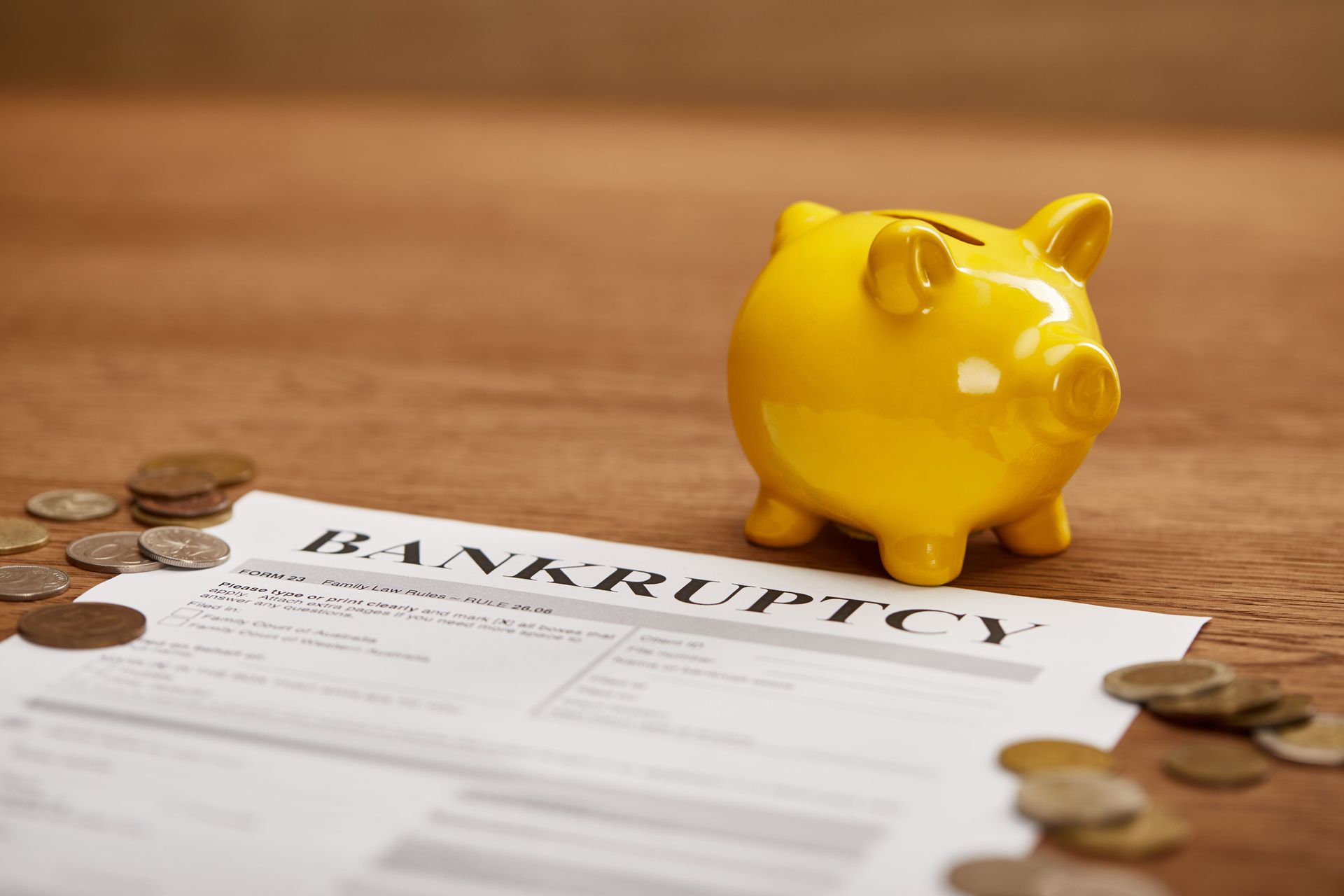 Yellow piggy bank on a bankruptcy document with scattered coins on a wooden table