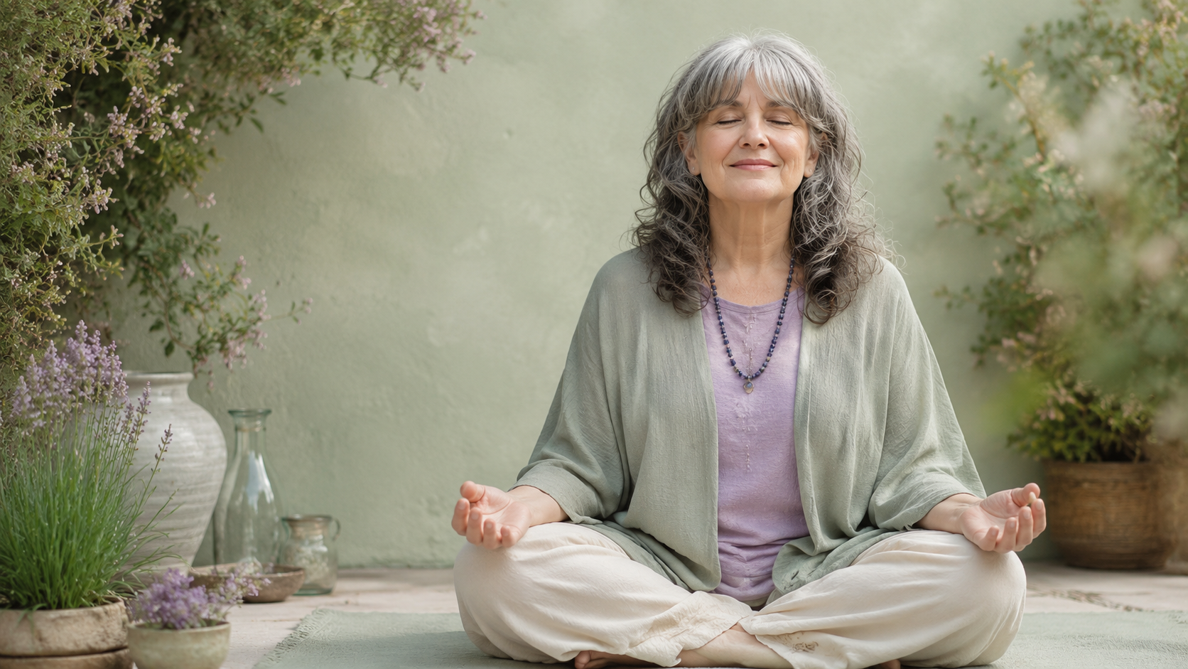 Person seated cross-legged in a garden, smiling with eyes closed amid flowers and greenery