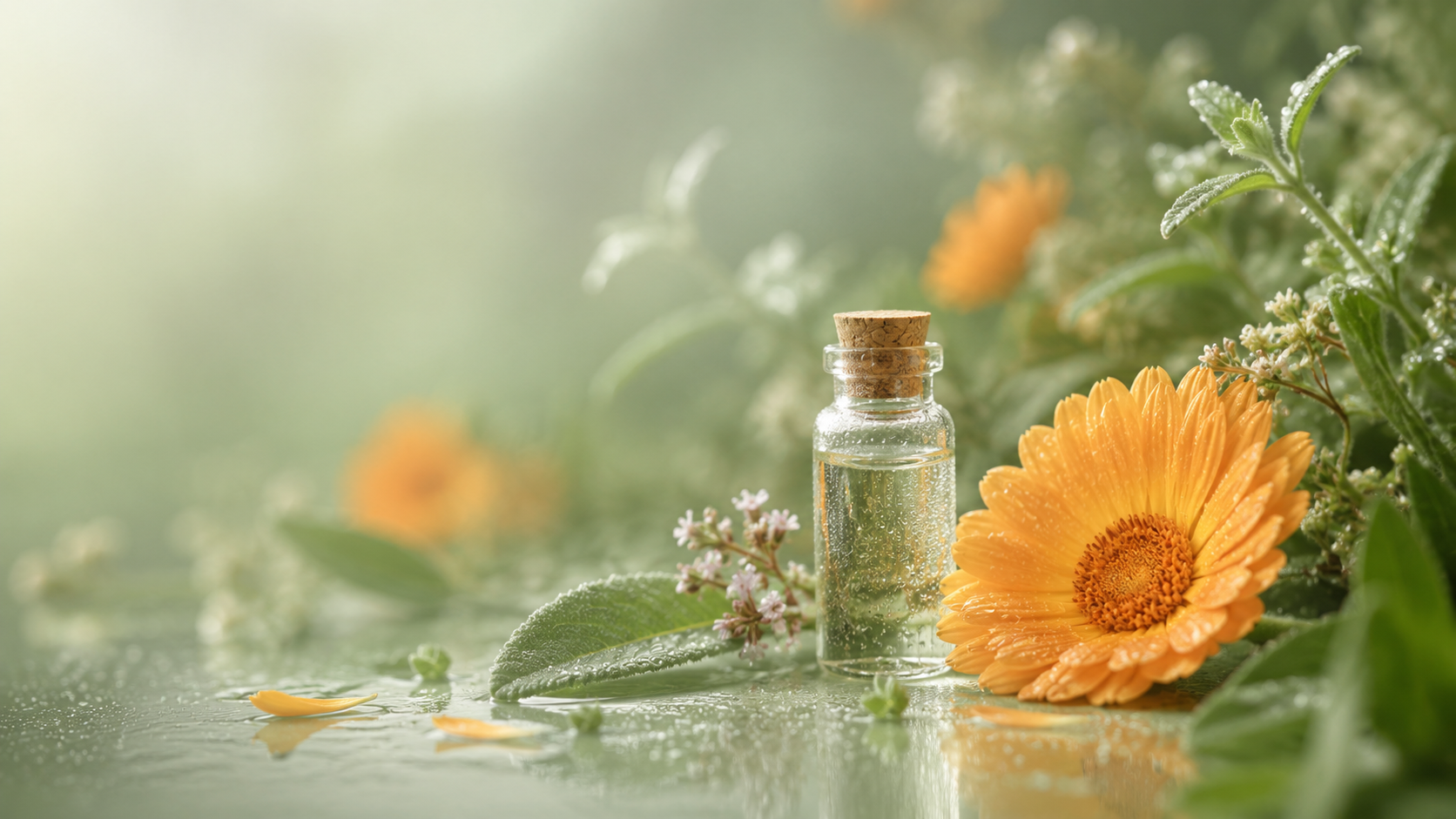 Small glass bottle beside an orange flower and green leaves in a soft, dewy garden scene
