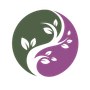 Green and purple circular yin-yang style logo with white leaves and branches