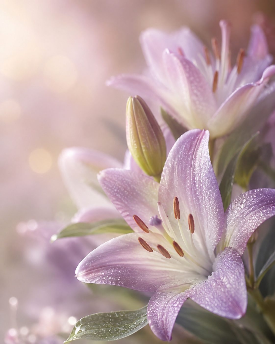 Close-up of pale pink lilies with dewdrops against a soft, blurred pastel background