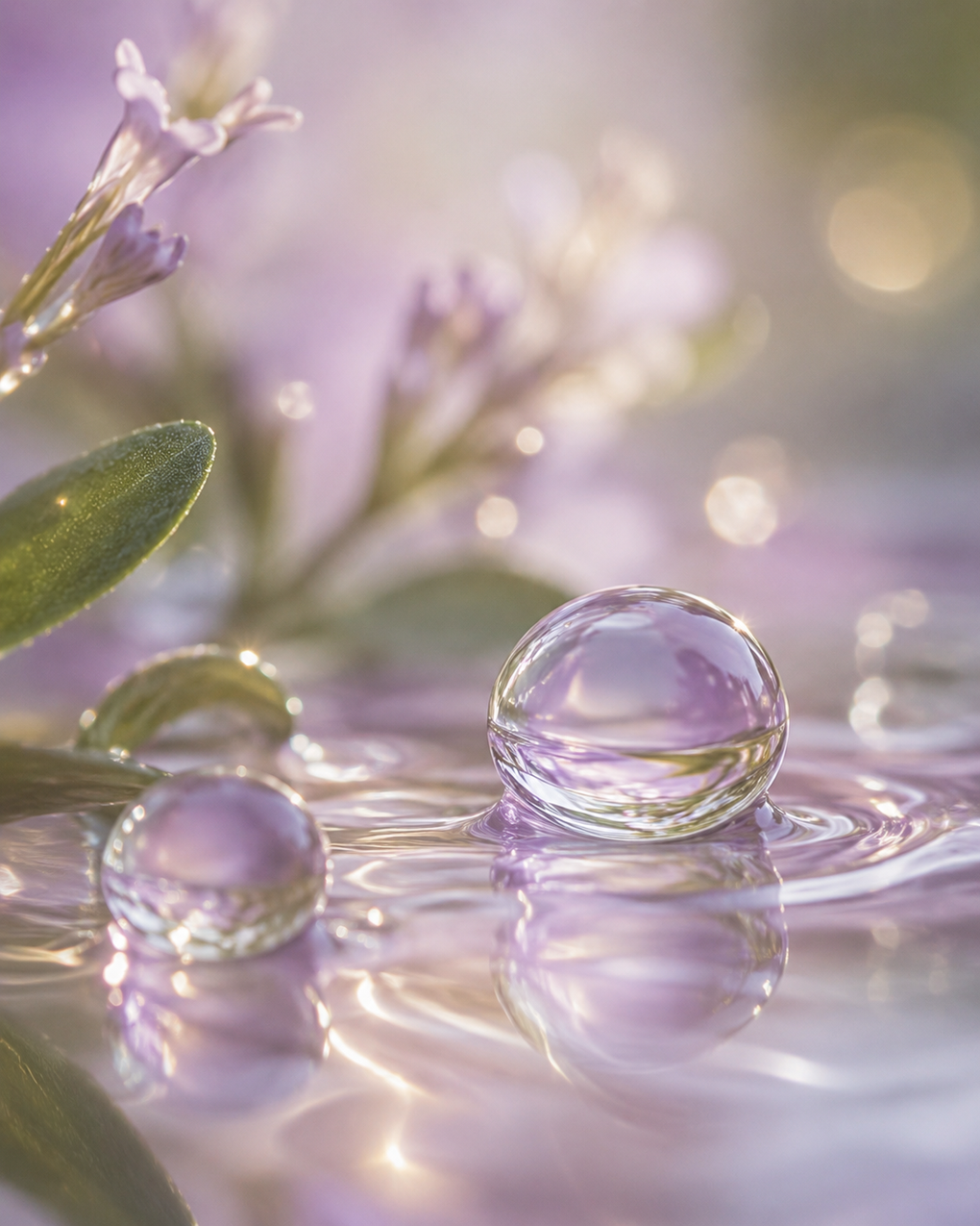 Soft lavender flowers and glassy water droplets on a reflective pastel surface