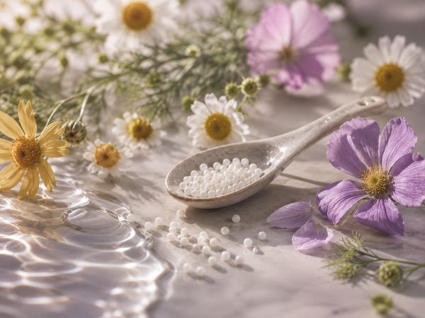 White spoon of beads among pink and white daisies floating on rippling water, with lavender flowers nearby