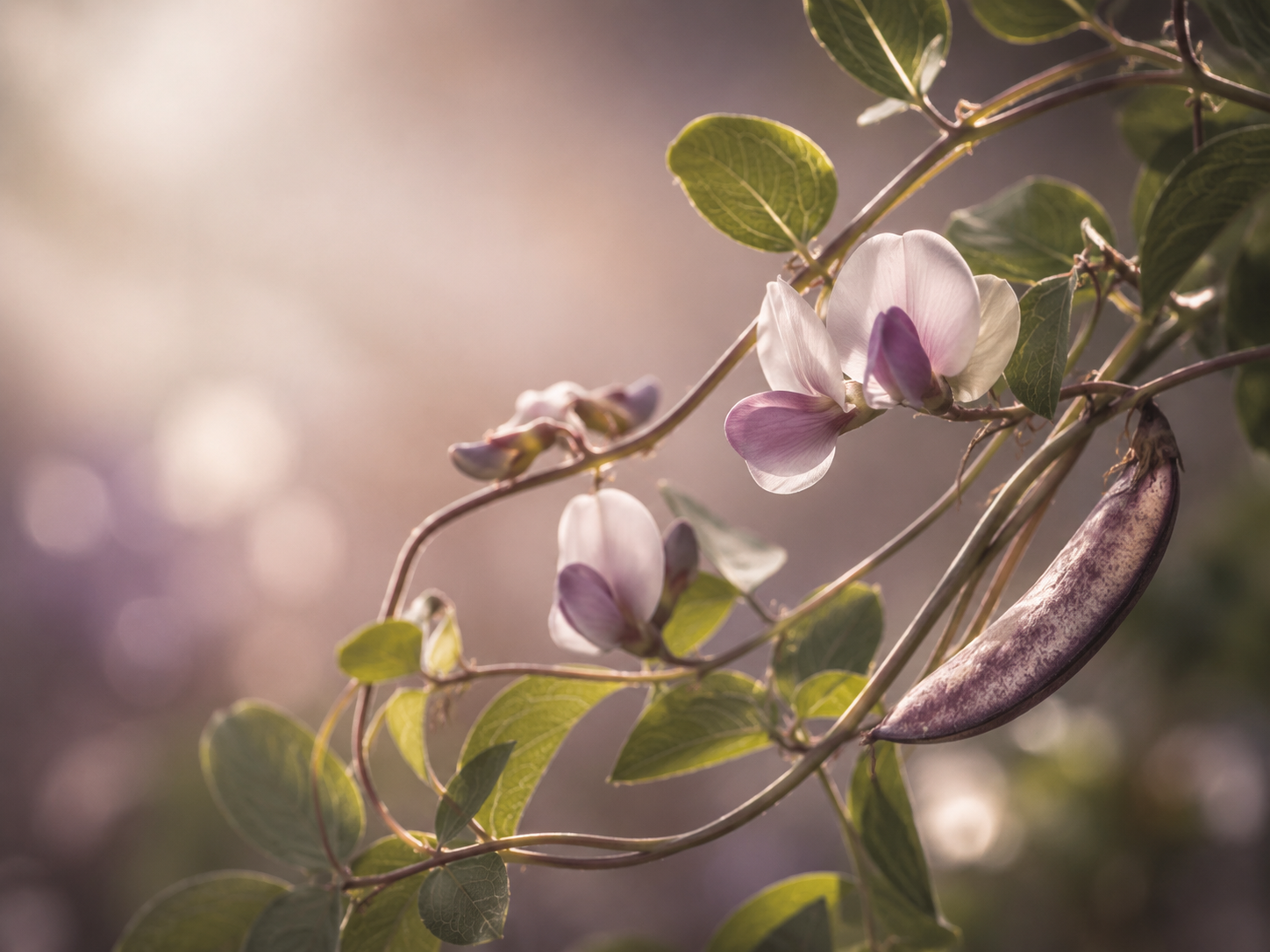 Purple and white flowers on a vine with green leaves, lit by soft sunlight