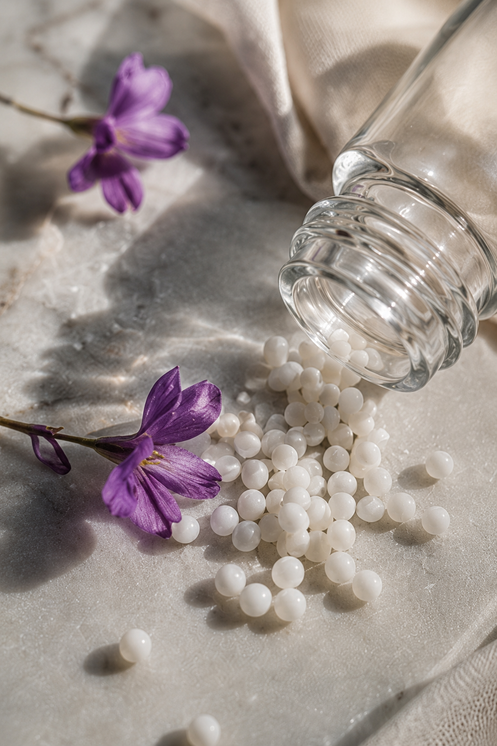 Spilled white beads from a clear bottle beside purple flowers on a soft fabric surface