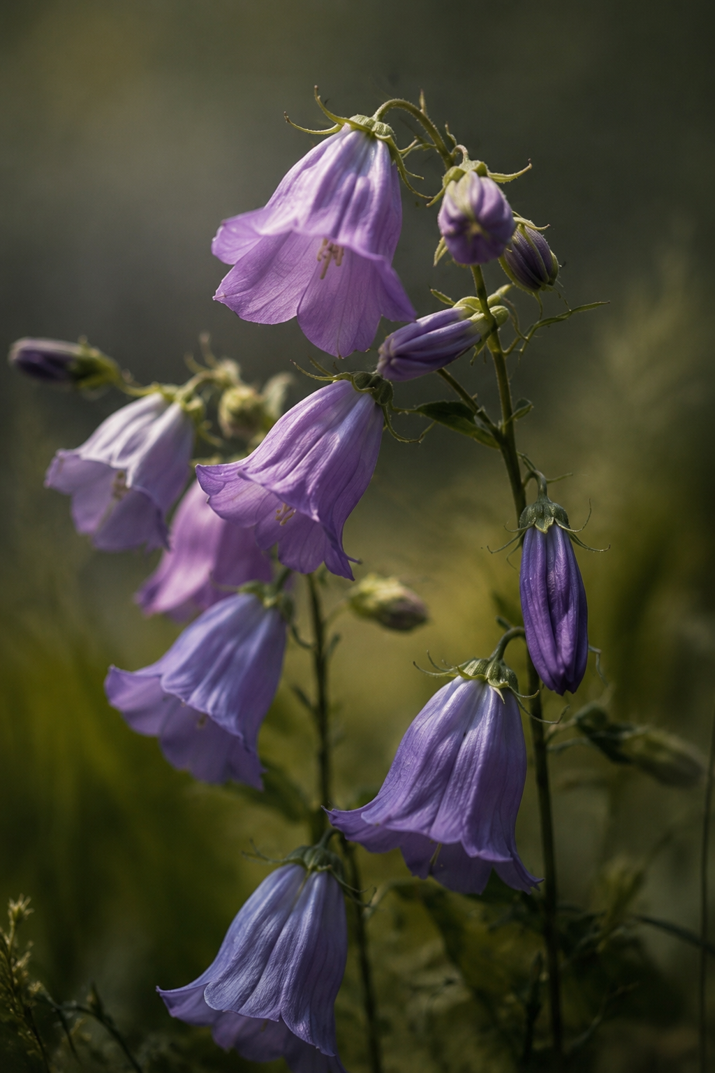 Purple bell-shaped wildflowers on slender stems against a blurred green background