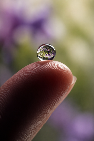 Tiny glass sphere balancing on a fingertip with blurred purple flowers in the background