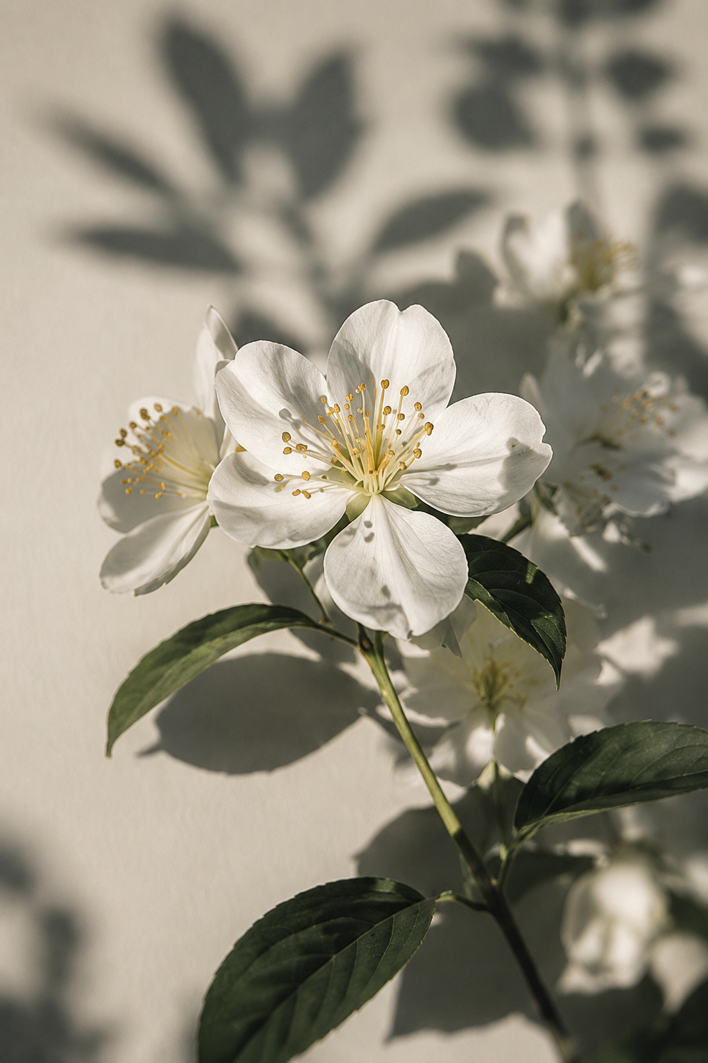 White blossoms on a leafy branch casting shadows on a beige wall