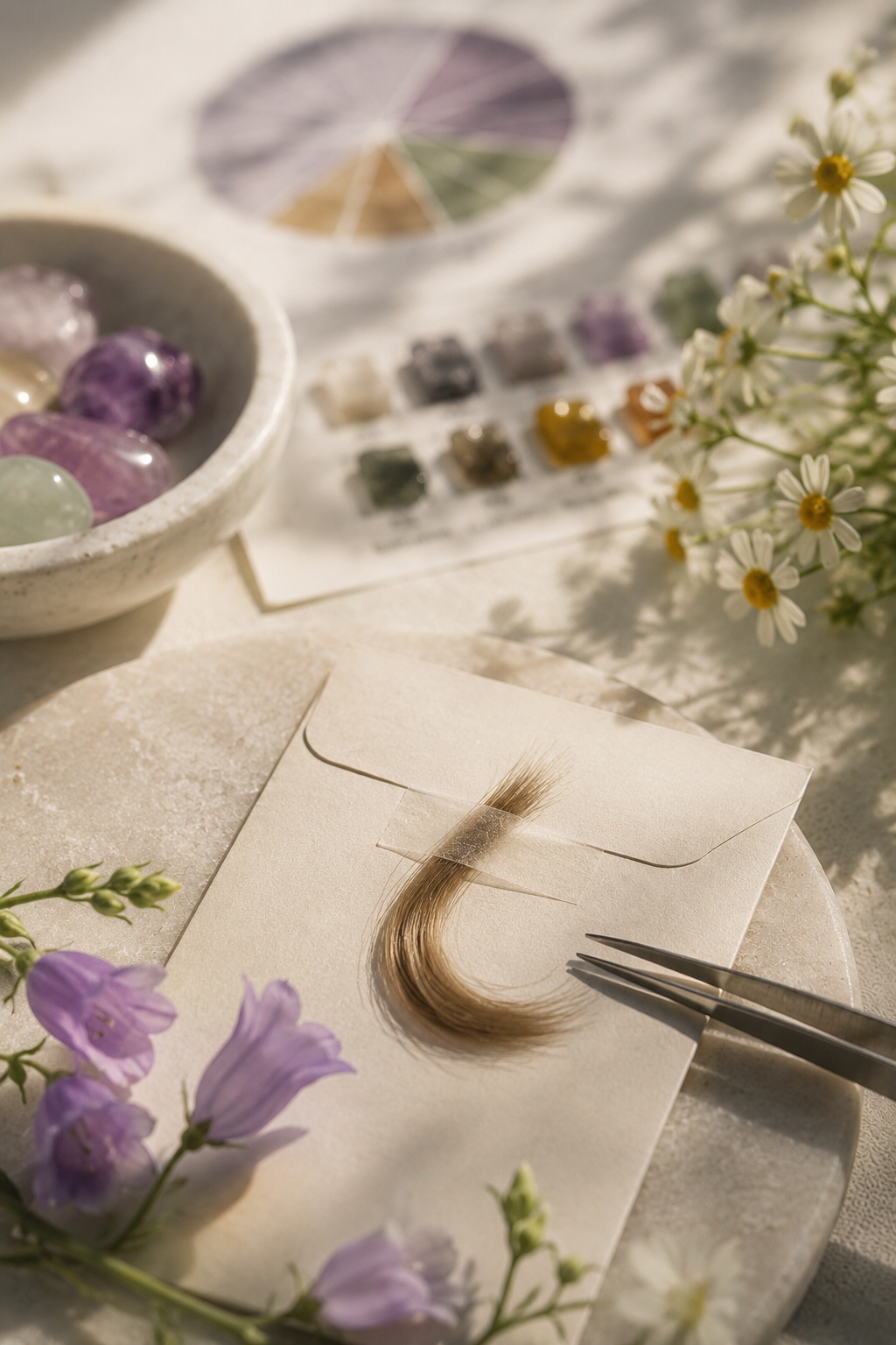 Soft-lit still life of tweezers holding a brown eyelash extension on white paper with flowers and makeup items