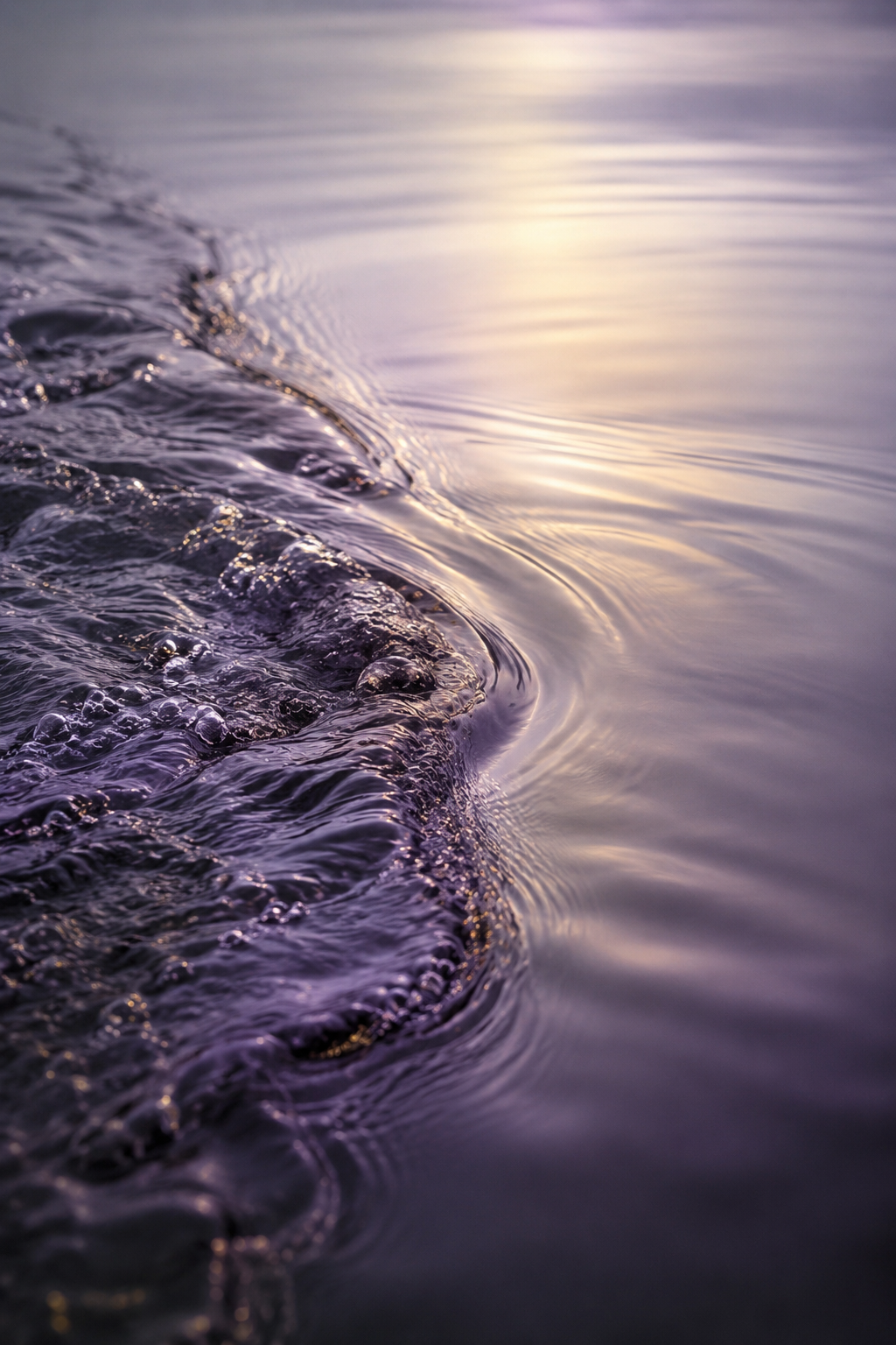 Gentle waves lapping at a rocky shoreline in soft purple sunset light