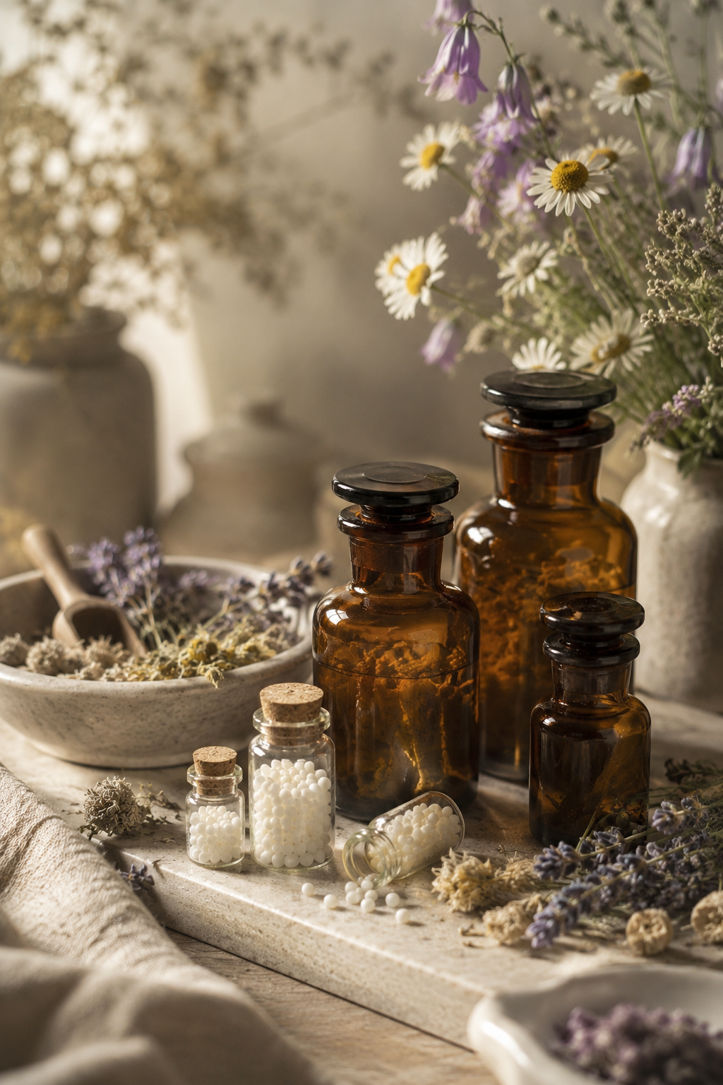 Amber apothecary bottles with dried lavender and wildflowers on a rustic table