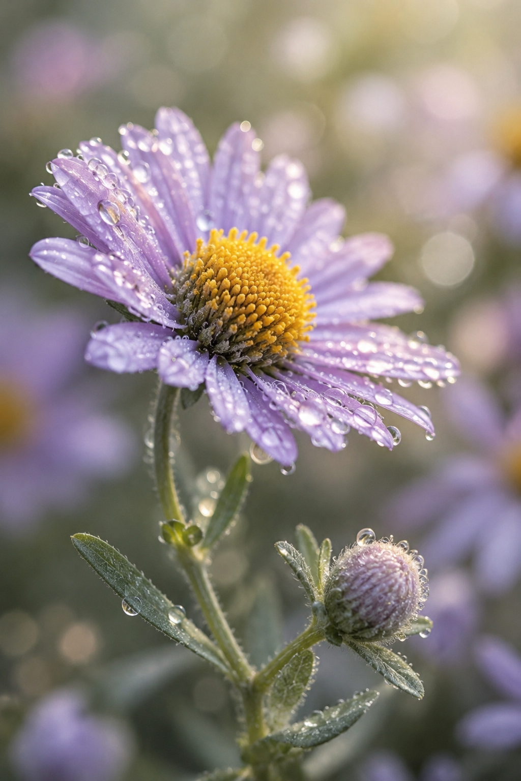 Purple daisy with yellow center and dew drops, with a blurred garden background