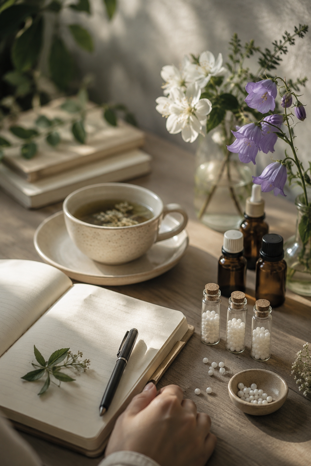 A cozy tea and flower arrangement workspace with notebooks, bottles, and a hand arranging herbs on a table