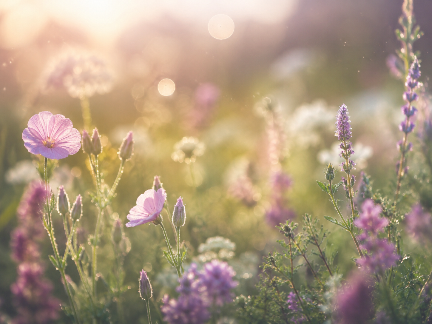 Pink wildflowers in a sunlit meadow with a soft, blurred background