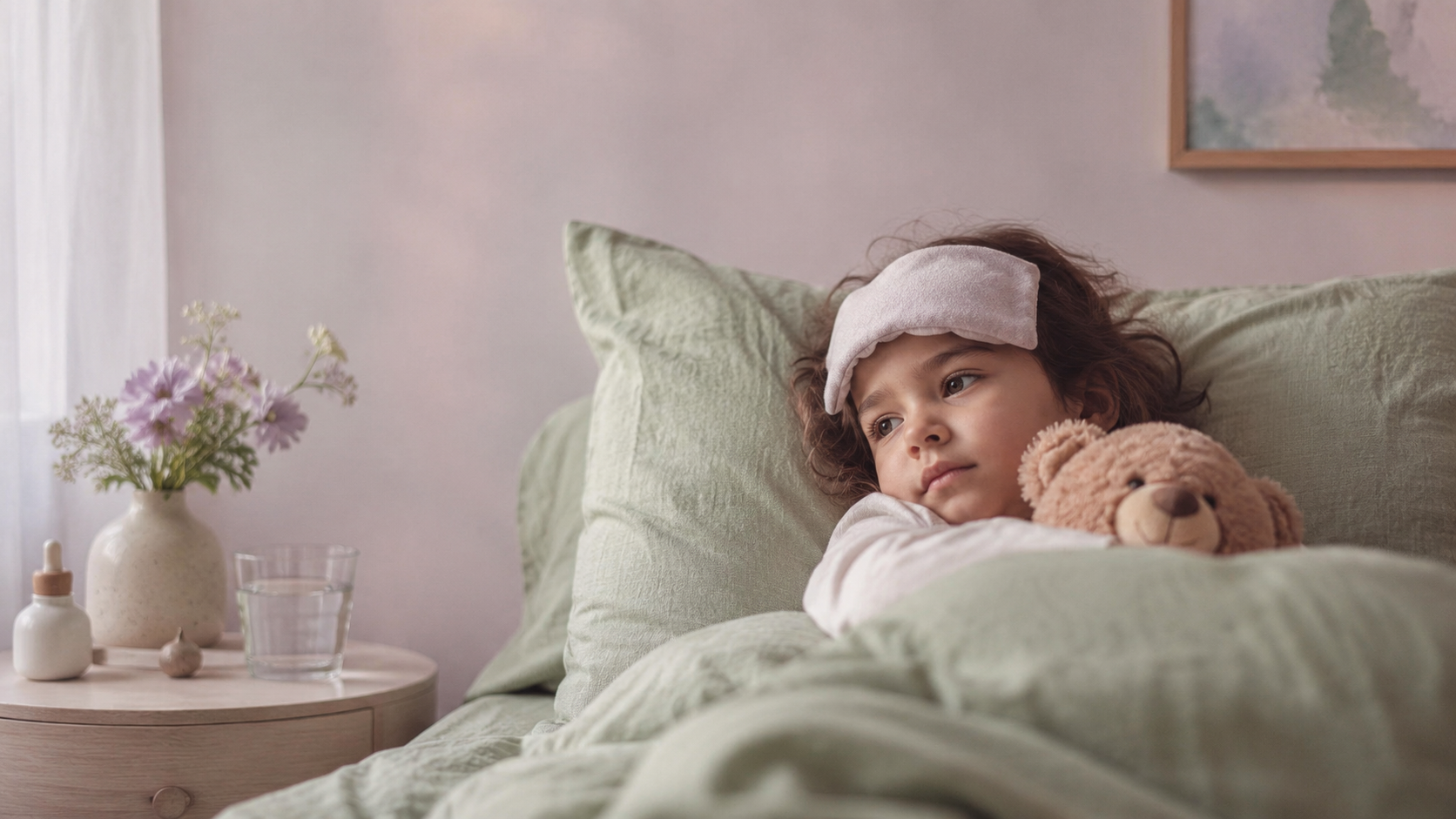 Child resting in bed with a teddy bear, under a green blanket beside a bedside table with flowers.